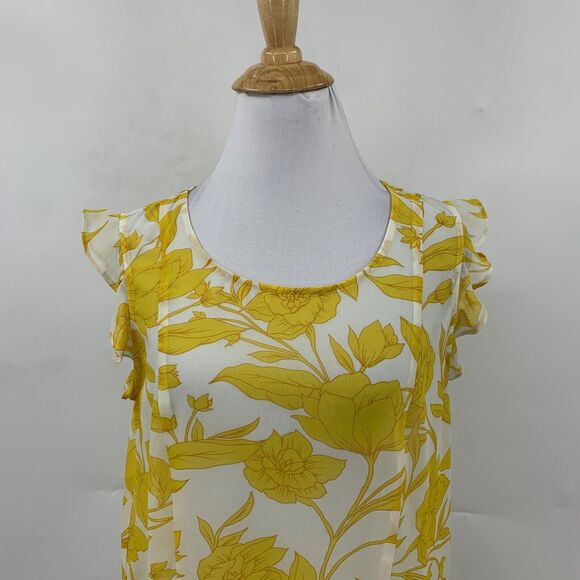 CAbi Blouse Womens XS Extra Small Yellow White Sunrise Floral Ruffle Cap Sleeves - Picture 4 of 11
